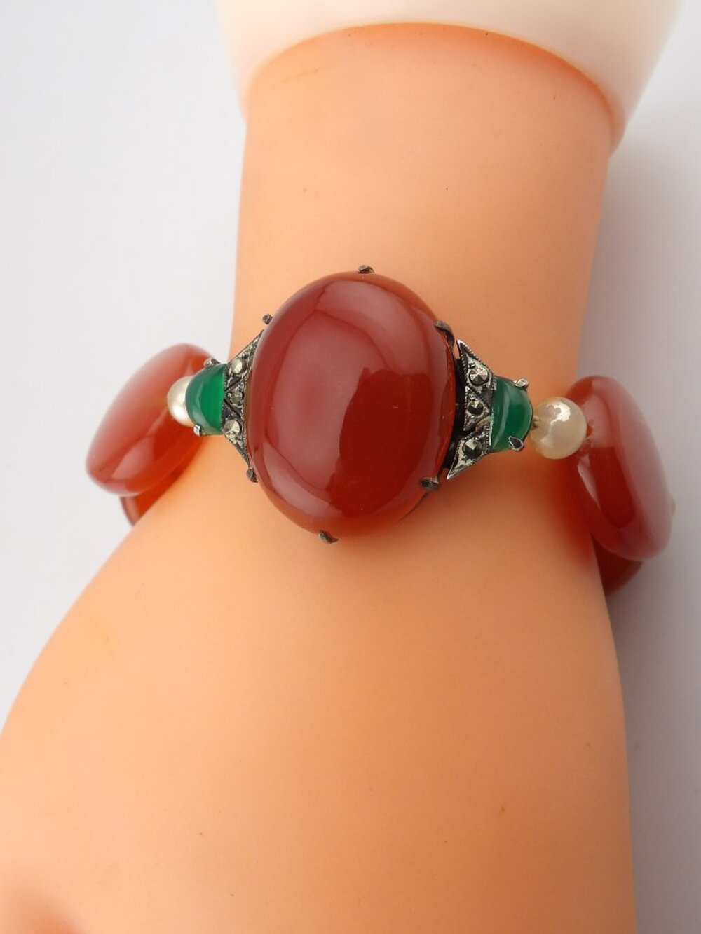 Vintage Sterling Pearl and Carnelian Cabochon Bracelet
